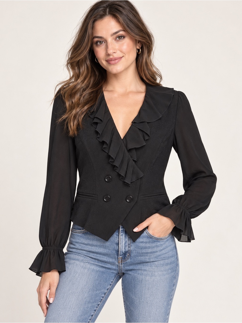 Commense Black Ruffled V-Neck Double-Breasted Jacket Blazer NWT Medium